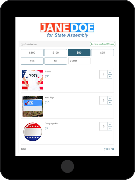 iPad showing eFund's campaign merchandise feature for donation pages