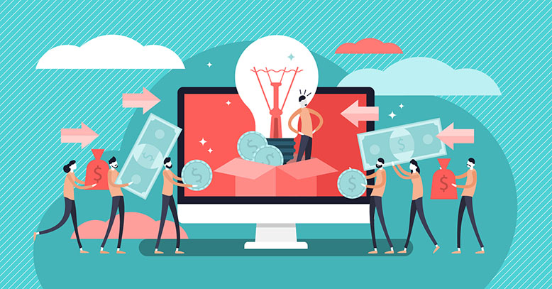 An illustration of multiple people giving money to a bright idea via virtual fundraising.